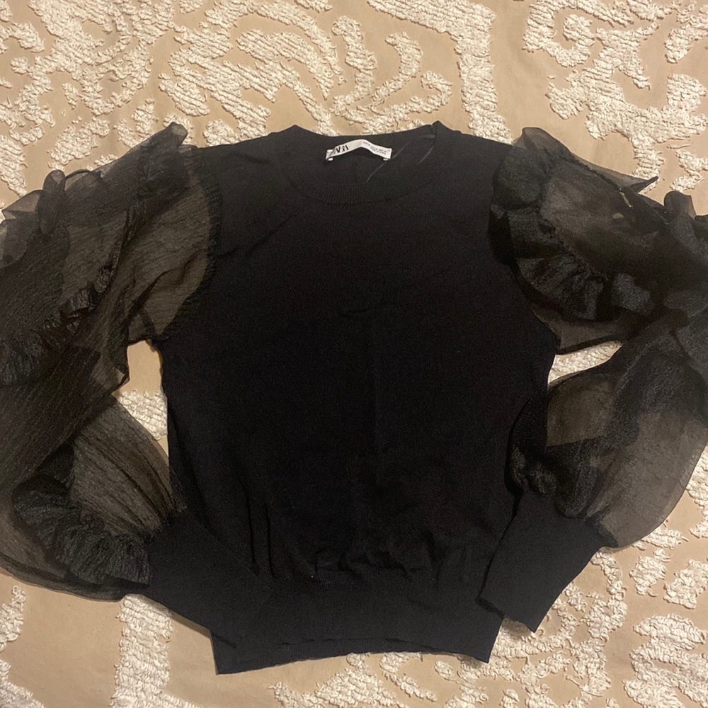 Zara Sheer Black Puff Sleeve Top